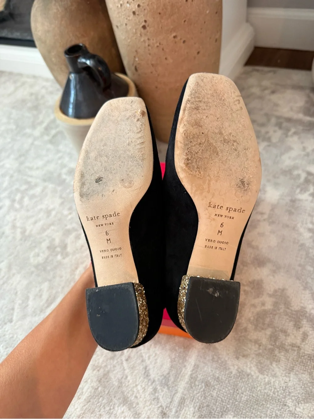 Kate Spade Marcellina Black Suede Ankle-Strap Block Heel with Gold Glitter